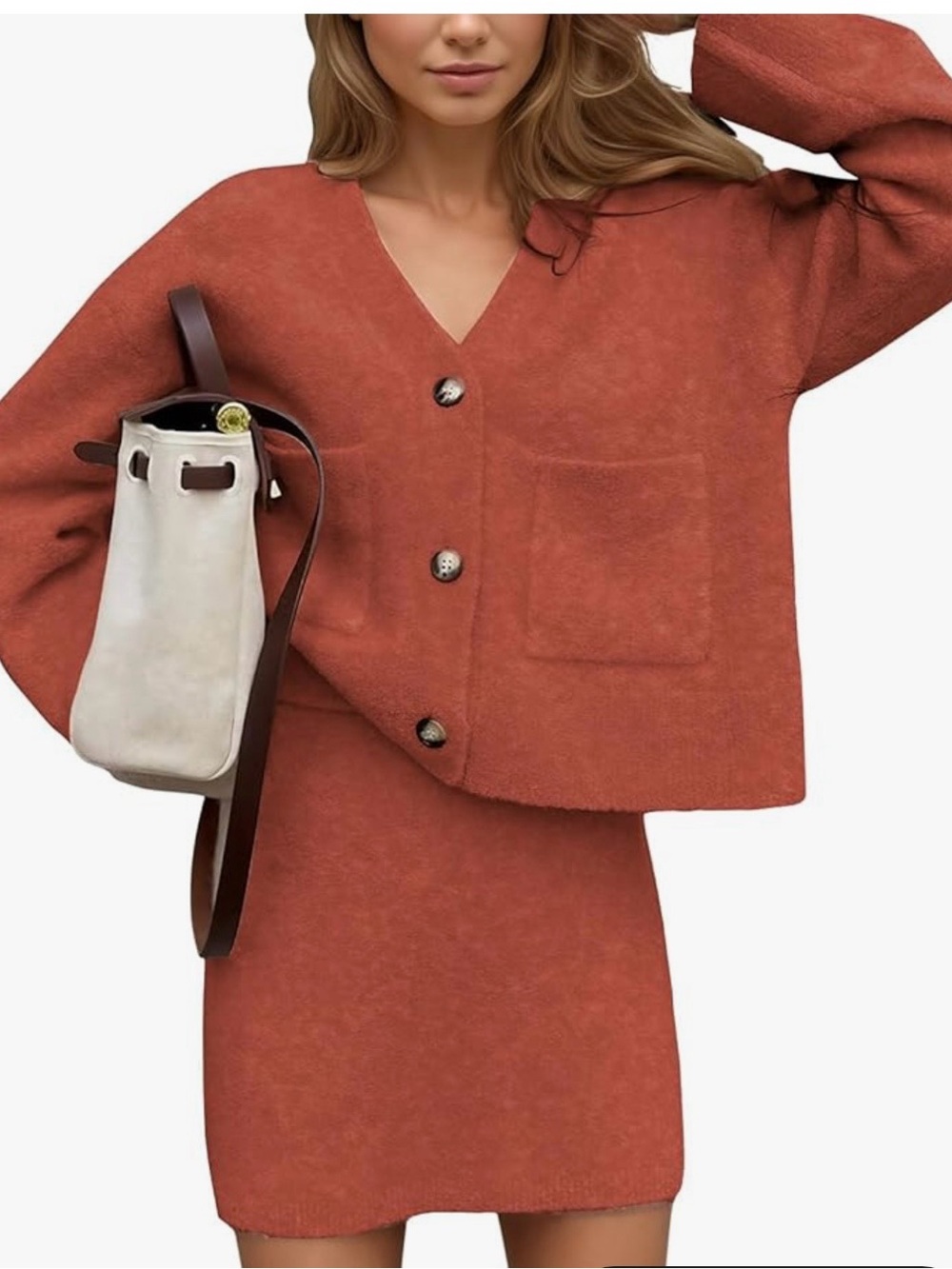 EXLURA Rust Two-Piece Knit Skirt Set - Cozy Button Cardigan & Pencil Skirt Sz 2X